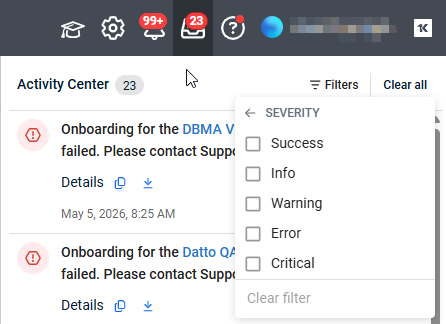 Screenshot of the severity filter