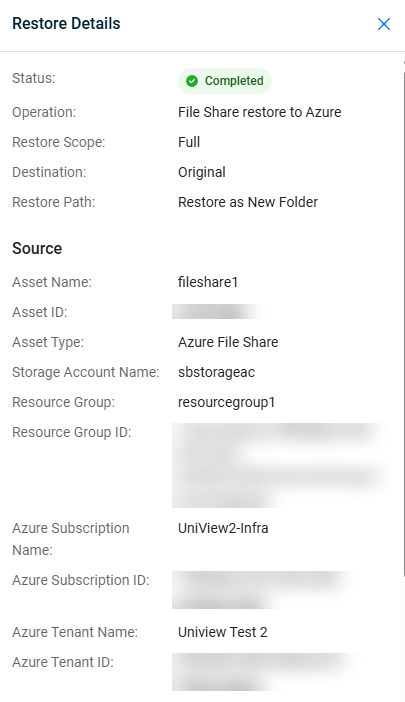 Screenshot of the top of the Restore Details panel Screenshot of the top of the Restore Details panel